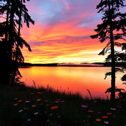 A serene landscape capturing the beauty of nature, featuring a stunning sunset with vibrant shades of orange, pink, and purple blending seamlessly in the sky