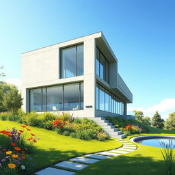 A detailed illustration of a modern panel house, showcasing its sleek, contemporary architecture