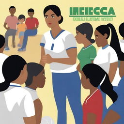 A high-resolution vector art, illustrating the struggles of a female physical education teacher attempting to coach dangerous illegal immigrants, particularly from Mexico, who cannot grasp concepts, speak the same language, and are prioritized over English-speaking citizens