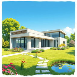 A detailed illustration of a modern panel house, showcasing its sleek, contemporary architecture