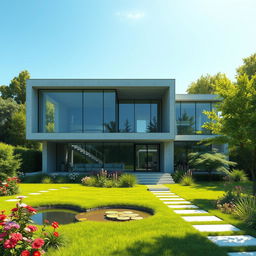 A detailed illustration of a modern panel house, showcasing its sleek, contemporary architecture