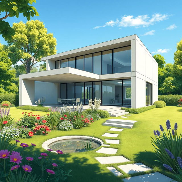 A detailed illustration of a modern panel house, showcasing its sleek, contemporary architecture