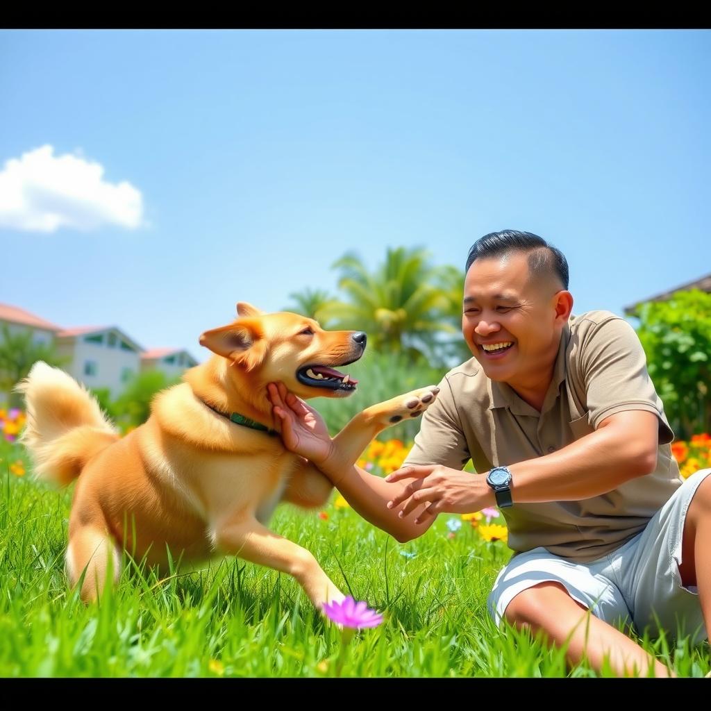 A playful scene featuring a dog named Parel playfully interacting with its owner, Pak Ase