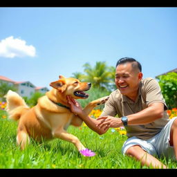 A playful scene featuring a dog named Parel playfully interacting with its owner, Pak Ase