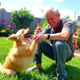 A playful scene featuring a dog named Parel playfully interacting with its owner, Pak Ase