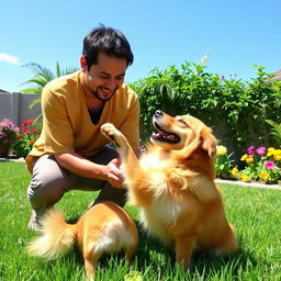 A playful scene featuring a dog named Parel playfully interacting with its owner, Pak Ase
