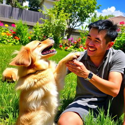 A playful scene featuring a dog named Parel playfully interacting with its owner, Pak Ase