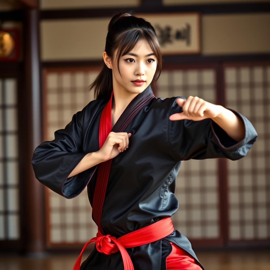 A beautiful martial arts instructor wearing a black silk satin karate gi with a red satin belt and red satin pants