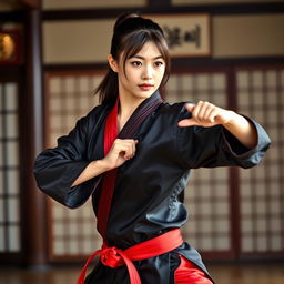 A beautiful martial arts instructor wearing a black silk satin karate gi with a red satin belt and red satin pants