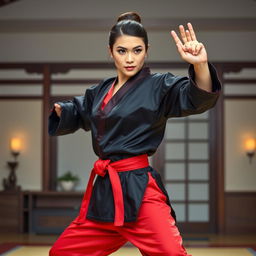 A beautiful martial arts instructor wearing a black silk satin karate gi with a red satin belt and red satin pants