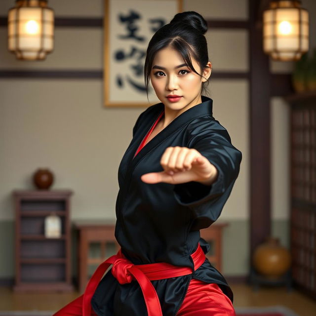 A beautiful martial arts instructor wearing a black silk satin karate gi with a red satin belt and red satin pants