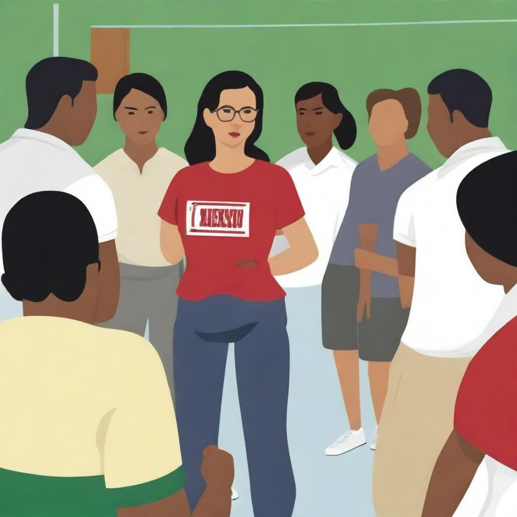 A high-resolution vector art, illustrating the struggles of a stressed female physical education teacher attempting to coach dangerous illegal immigrants, particularly from Mexico, who cannot grasp concepts or speak the same language, thereby impacting the learning of English-speaking citizen students in the classroom