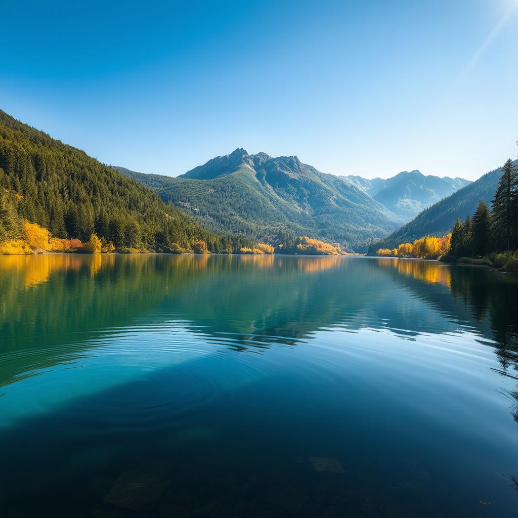 A high-definition photograph capturing a serene landscape of a tranquil lake surrounded by lush green forests and majestic mountains in the background under a clear blue sky