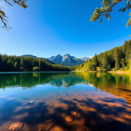 A high-definition photograph capturing a serene landscape of a tranquil lake surrounded by lush green forests and majestic mountains in the background under a clear blue sky