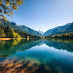 A high-definition photograph capturing a serene landscape of a tranquil lake surrounded by lush green forests and majestic mountains in the background under a clear blue sky