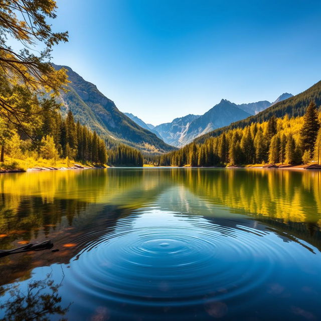 A high-definition photograph capturing a serene landscape of a tranquil lake surrounded by lush green forests and majestic mountains in the background under a clear blue sky