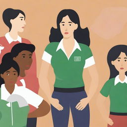 A high-resolution vector art, illustrating the struggles of a stressed female physical education teacher attempting to coach dangerous illegal immigrants, particularly from Mexico, who cannot grasp concepts or speak the same language, thereby impacting the learning of English-speaking citizen students in the classroom