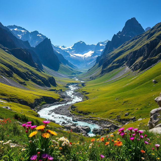 A breathtaking mountain landscape with dramatic peaks, lush green valleys, and a clear blue sky