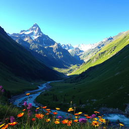 A breathtaking mountain landscape with dramatic peaks, lush green valleys, and a clear blue sky