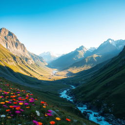 A breathtaking mountain landscape with dramatic peaks, lush green valleys, and a clear blue sky