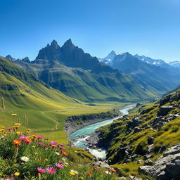 A breathtaking mountain landscape with dramatic peaks, lush green valleys, and a clear blue sky