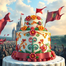 A beautifully designed war banner inspired by the theme of a cake
