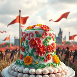 A beautifully designed war banner inspired by the theme of a cake