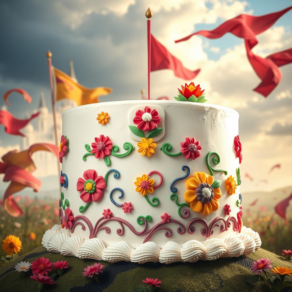 A beautifully designed war banner inspired by the theme of a cake