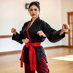 A beautiful martial arts instructor wearing a sleek black silk satin karate gi paired with a striking red satin belt and matching red satin pants