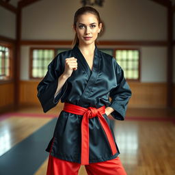 A beautiful martial arts instructor wearing a sleek black silk satin karate gi paired with a striking red satin belt and matching red satin pants