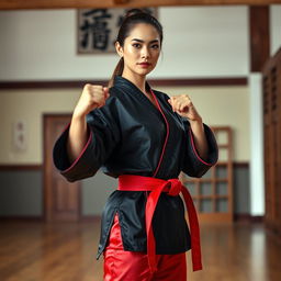 A beautiful martial arts instructor wearing a sleek black silk satin karate gi paired with a striking red satin belt and matching red satin pants