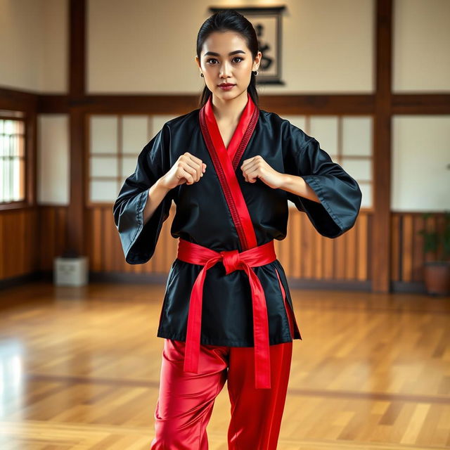 A beautiful martial arts instructor wearing a sleek black silk satin karate gi paired with a striking red satin belt and matching red satin pants