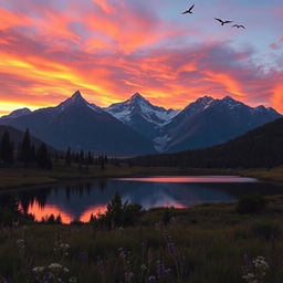 a breathtaking landscape featuring a majestic mountain range under a vibrant sunset sky, with clouds reflecting shades of orange, pink, and purple