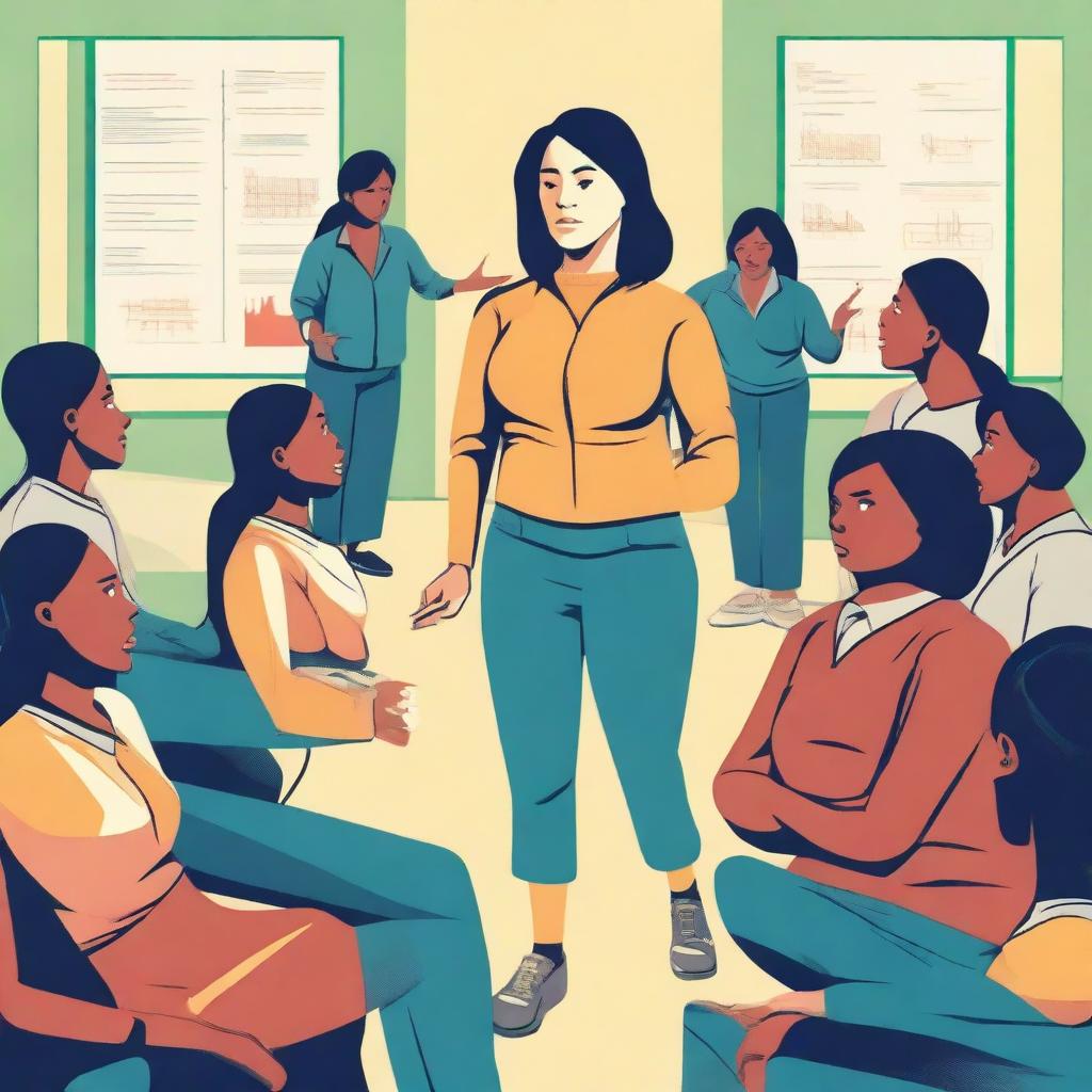 A high-quality vector art image vividly portraying a stressed female Physical Education teacher in a dynamic classroom environment