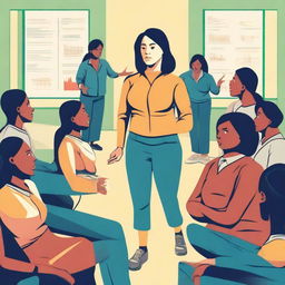 A high-quality vector art image vividly portraying a stressed female Physical Education teacher in a dynamic classroom environment