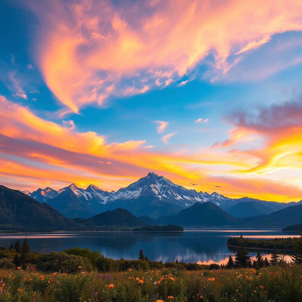 a breathtaking landscape featuring a majestic mountain range under a vibrant sunset sky, with clouds reflecting shades of orange, pink, and purple