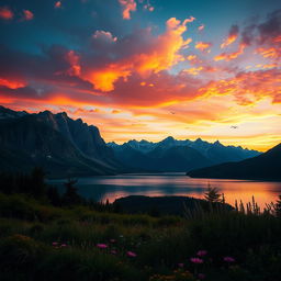a breathtaking landscape featuring a majestic mountain range under a vibrant sunset sky, with clouds reflecting shades of orange, pink, and purple