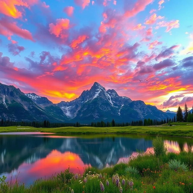 a breathtaking landscape featuring a majestic mountain range under a vibrant sunset sky, with clouds reflecting shades of orange, pink, and purple