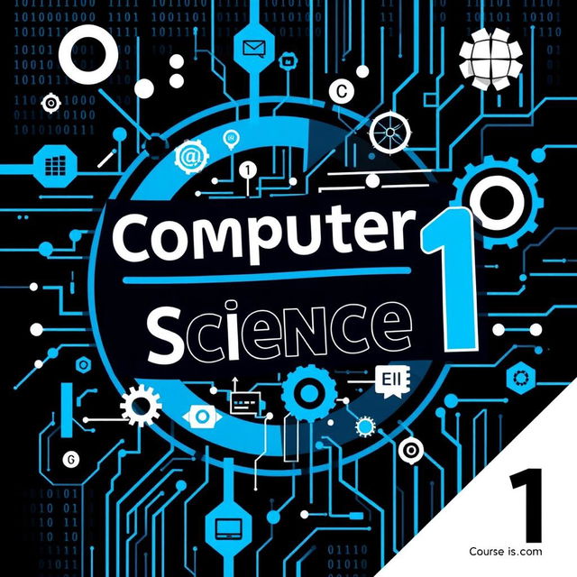 A visually engaging poster for a Computer Science 1 course, featuring digital elements like binary code, circuit patterns, and abstract technology designs