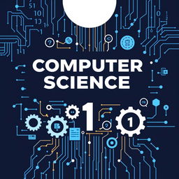 A visually engaging poster for a Computer Science 1 course, featuring digital elements like binary code, circuit patterns, and abstract technology designs