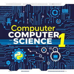 A visually engaging poster for a Computer Science 1 course, featuring digital elements like binary code, circuit patterns, and abstract technology designs