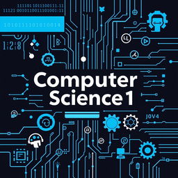 A visually engaging poster for a Computer Science 1 course, featuring digital elements like binary code, circuit patterns, and abstract technology designs