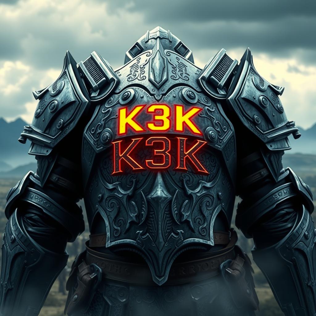 A detailed and realistic depiction of a battle armor featuring the inscription 'K3K'