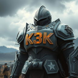 A detailed and realistic depiction of a battle armor featuring the inscription 'K3K'