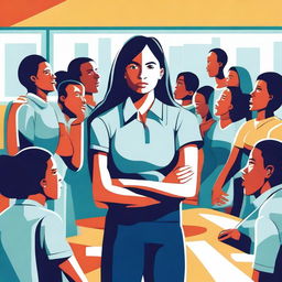 A high-quality vector art image vividly portraying a stressed female Physical Education teacher in a dynamic classroom environment