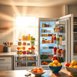 A bright and inviting kitchen scene featuring a refrigerator with the door wide open, displaying a colorful array of fresh fruits and vegetables, jars, and various condiments inside