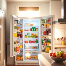 A bright and inviting kitchen scene featuring a refrigerator with the door wide open, displaying a colorful array of fresh fruits and vegetables, jars, and various condiments inside
