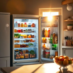 A bright and inviting kitchen scene featuring a refrigerator with the door wide open, displaying a colorful array of fresh fruits and vegetables, jars, and various condiments inside