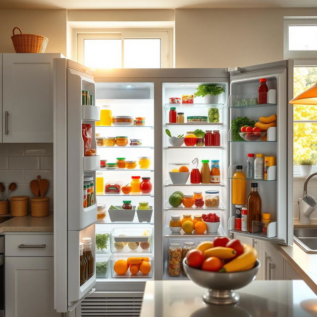 A bright and inviting kitchen scene featuring a refrigerator with the door wide open, displaying a colorful array of fresh fruits and vegetables, jars, and various condiments inside