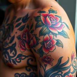 A detailed close-up of Tato's tattoo, showcasing vibrant colors and intricate designs